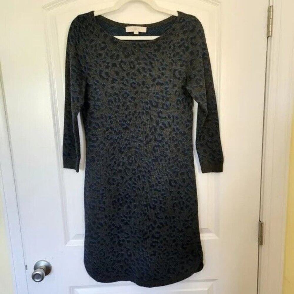 Loft Women's Wool Animal Print Long Sleeve Knee Length Sweater Dress Small S